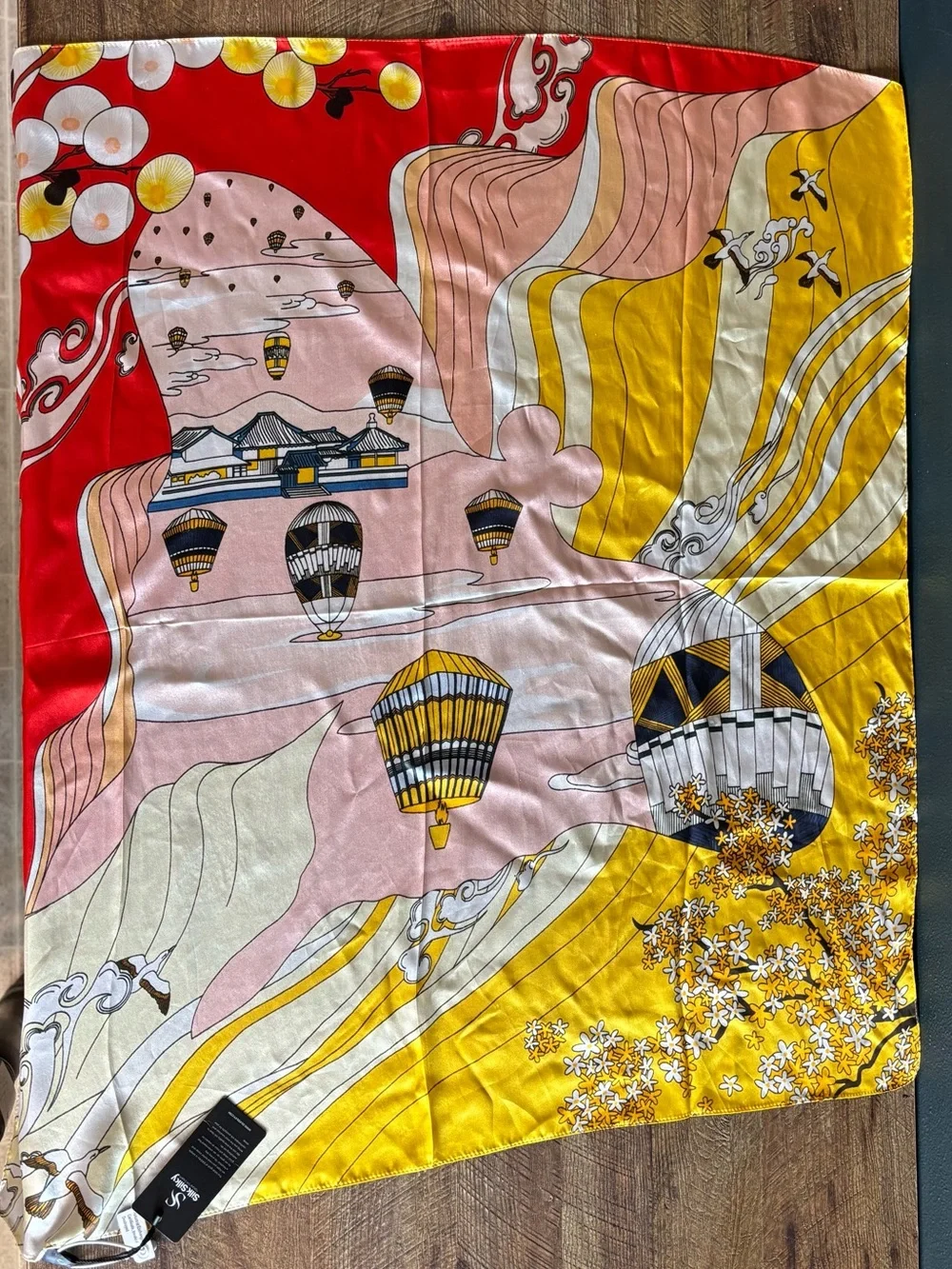 Silk Silky Vibrant Hot Air Balloon, Bird & Flower Print Scarf Red, Yellow & Pink